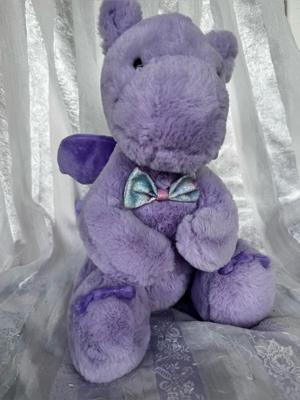 FAO Schwarz 12" Purple Dragon Plush Lovey Bow Tie Stuffy Stuffy Animal Toy 2022